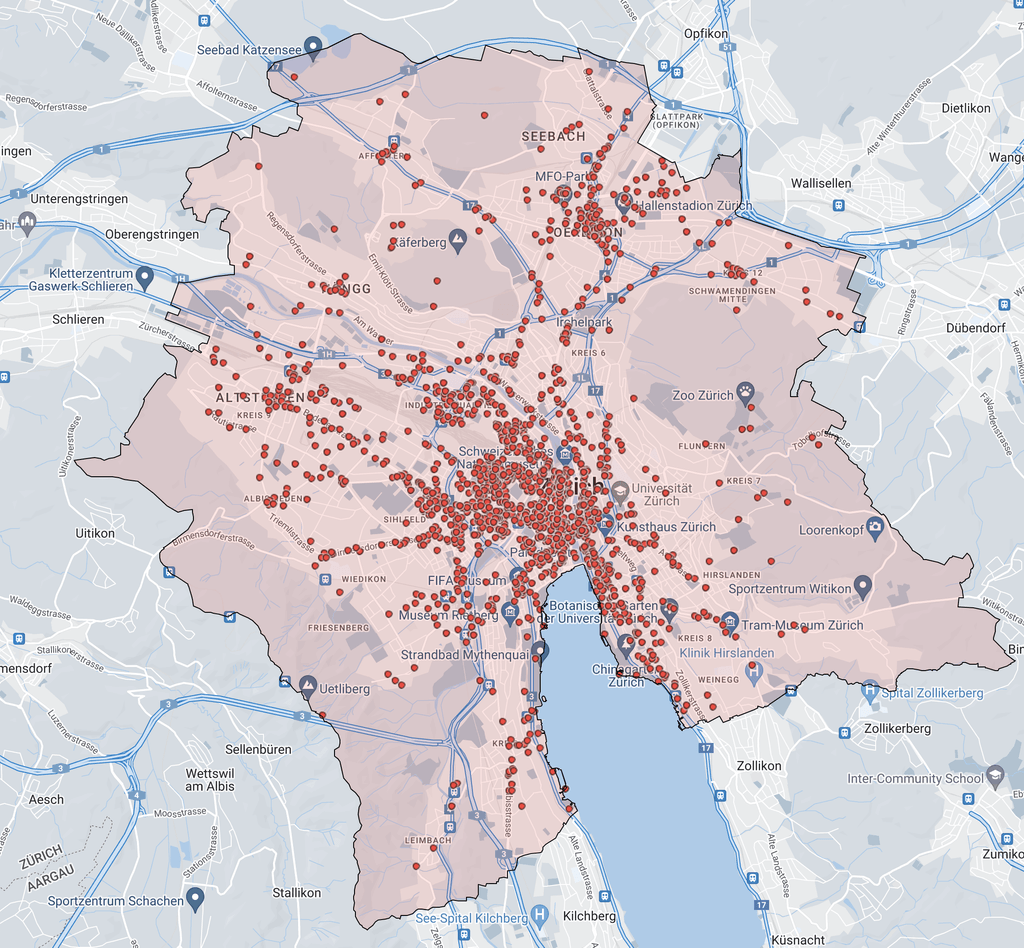 Eine Karte welche die Vielzahl an Bars, Cafés und Restaurants in Zürich  zeigt.