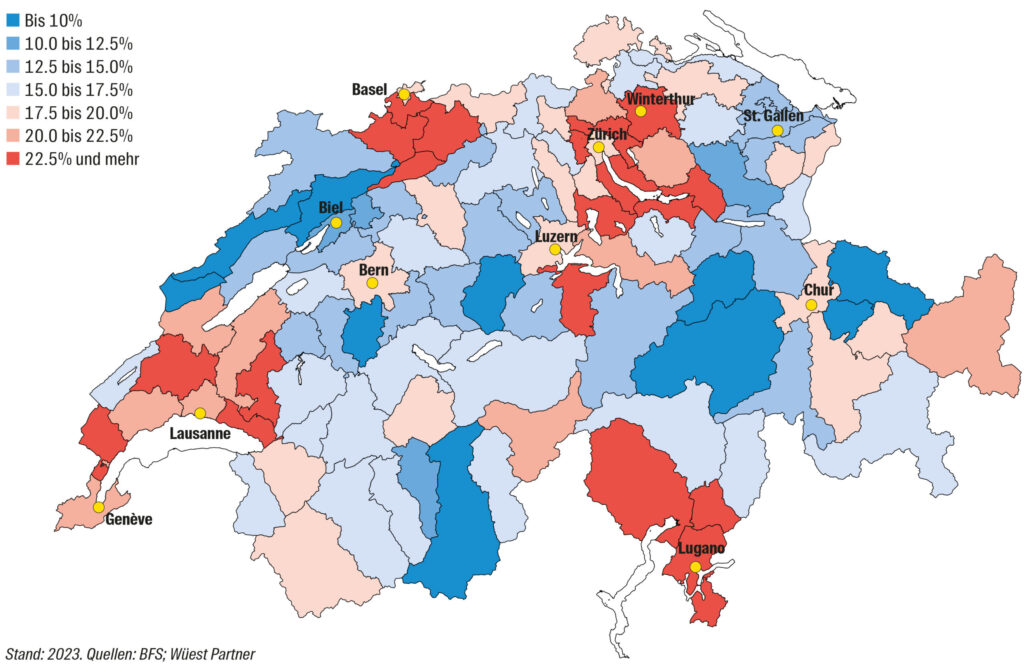 Karte der Schweiz zur sozialen Nachhaltigkeit: Darstellung der Anteile der Haushalte, deren Wohnkostenbelastung mehr als ein Drittel ihres Bruttohaushaltseinkommens beträgt