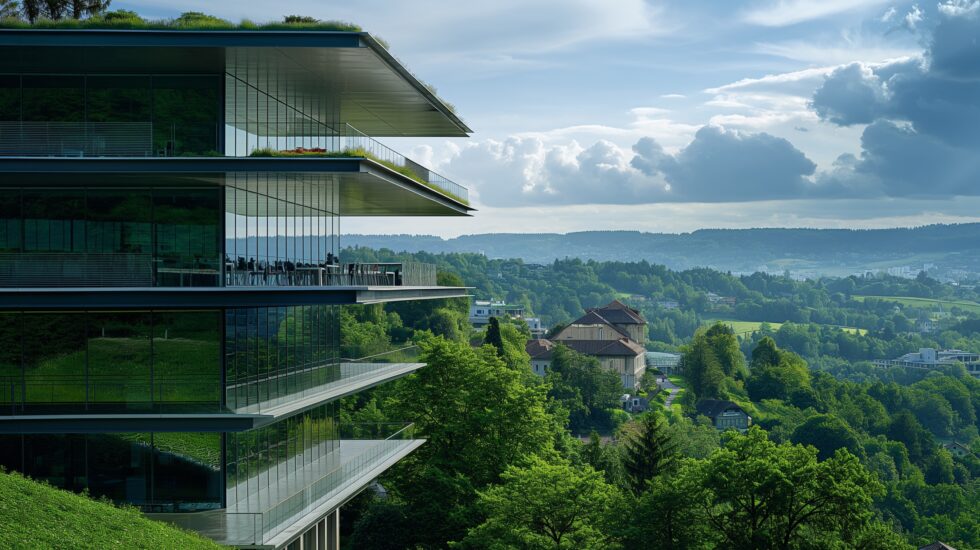 Critères ESG : vers une revalorisation des actifs immobiliers tertiaires - Wüest Partner - immeuble de bureau en plein nature
