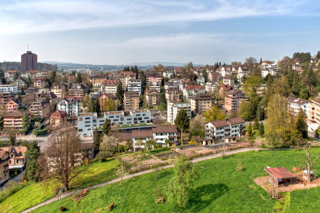 Ausblick von einer Wiese über eine Stadt