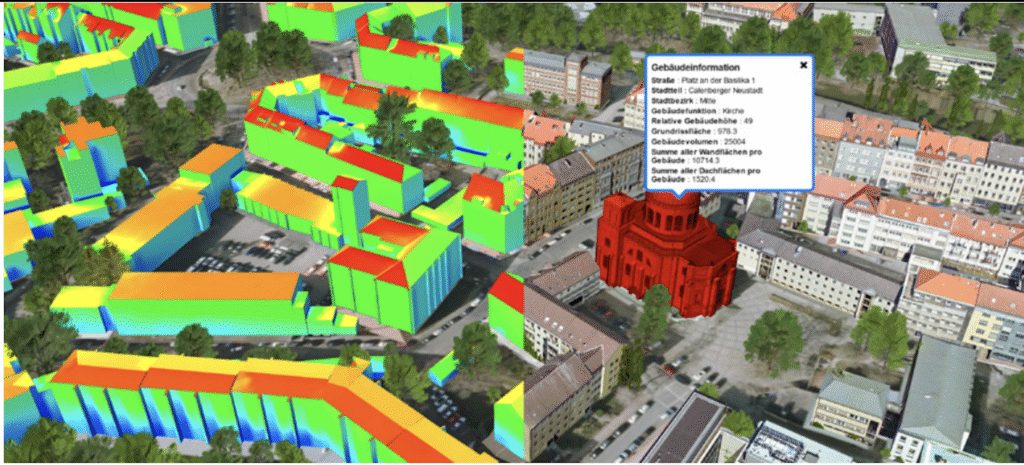 Grafik zeigt eine KI-basierte Simulation der solaren Einstrahlung in Hannover zur Analyse von Solarpotenzialen für Gebäude und städtische Infrastruktur.
