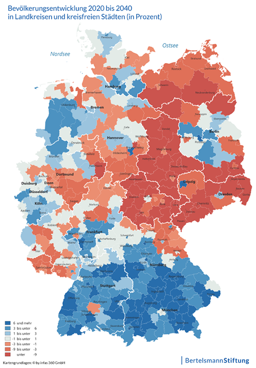 Karte zur Bevölkerungsentwicklung in Deutschland – Prognose 2020 bis 2040 für Landkreise und kreisfreie Städte in Prozent.